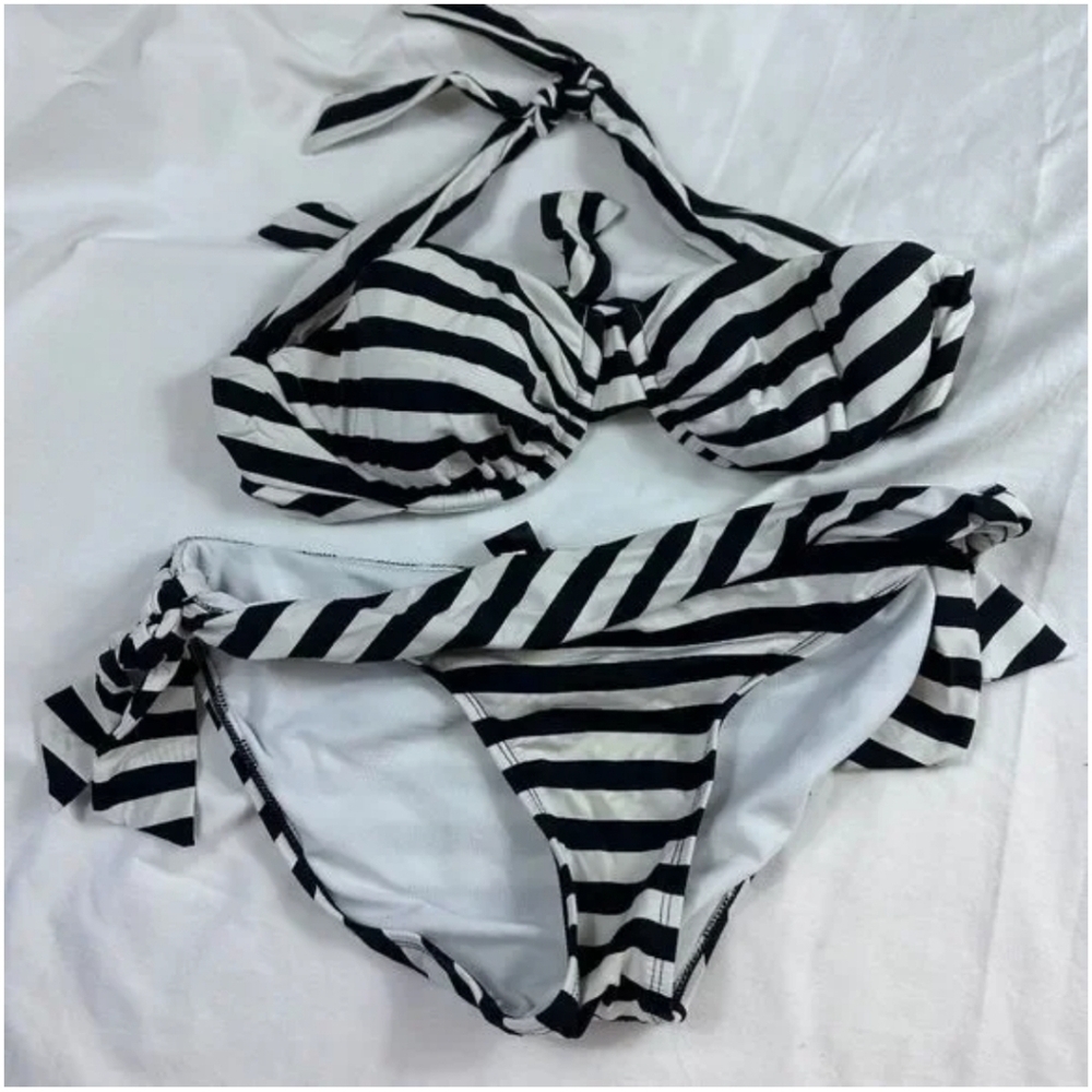 WHBM women's black and white striped bikini size medium